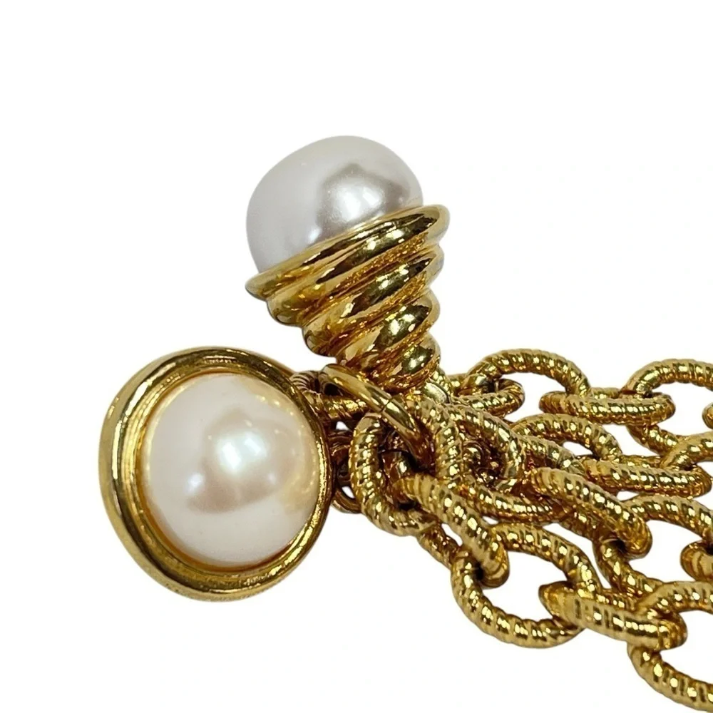 VINTAGE Gold-tone Chunky Chains Faux Pearls Elegant Dangle Bracelet